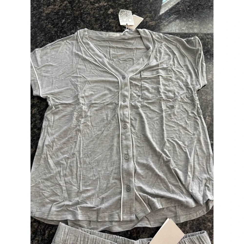 Barefoot‎ Dreams Malibu Soft Jersey Piped PJ Set Gray White XS BDWMC22293 NEW